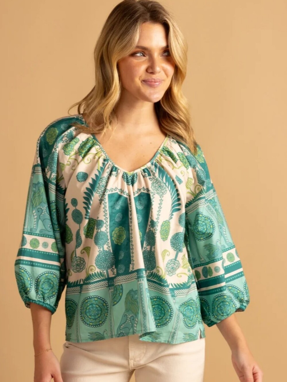 Double A Beatrice Green patterned Peasant style Top Size M Cotton